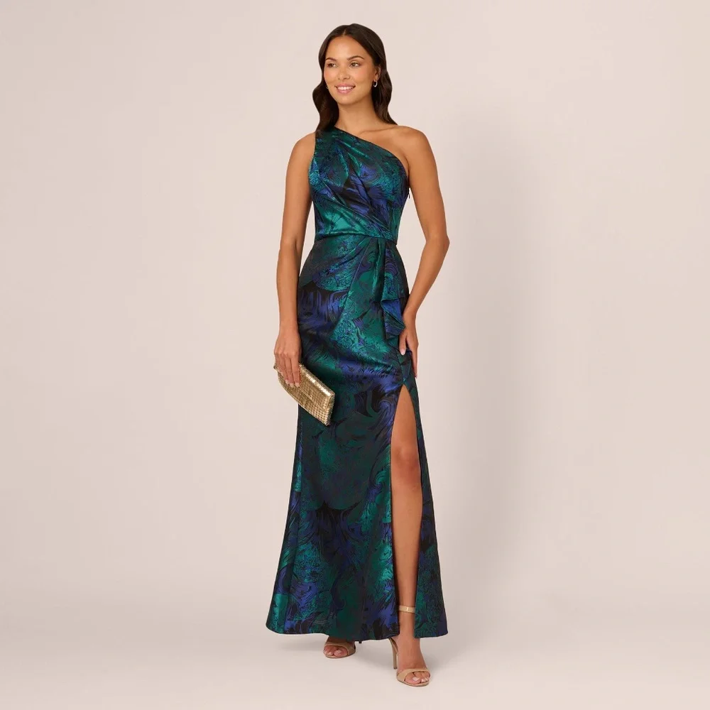 Adrianna Papell One Shoulder Jacquard Mermaid Gown With Drape Detail In Cobalt T - Picture 3 of 3